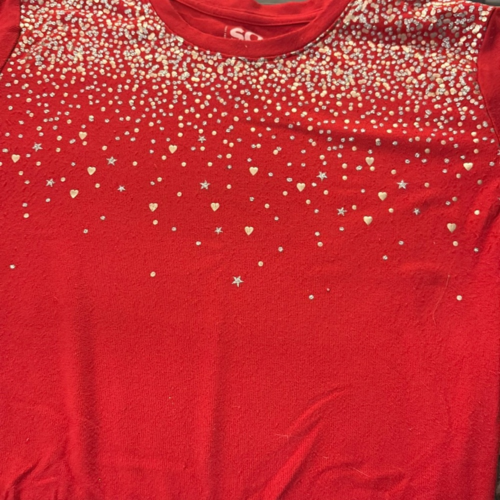 Red, silver, and gold shirt for Christmas with bow at bottom size 10/12